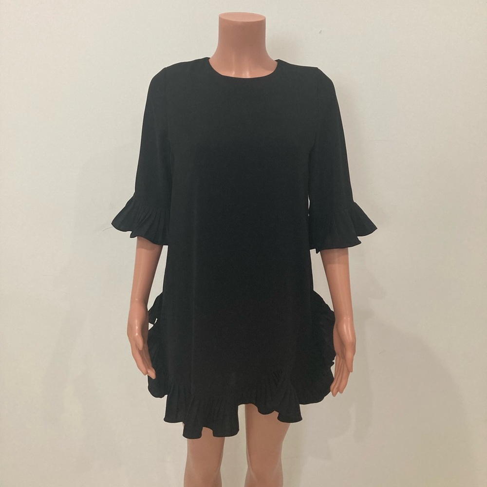Black Ruffle Hem & Sleeve Mini Dress Medium